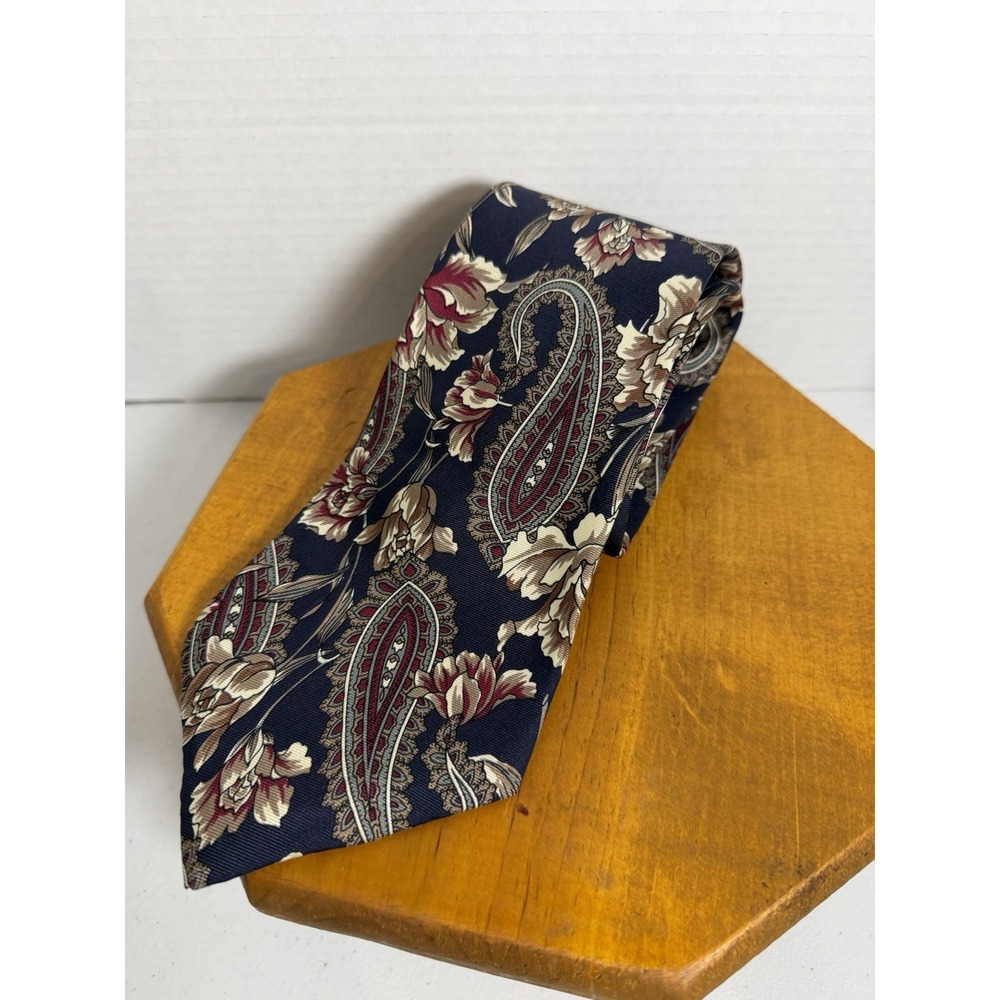 Hardy Amies London Floral Paisley 100% Silk Tie‎ Navy Burgundy